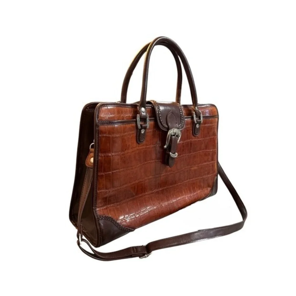 Coldwater Creek Faux Leather Crocodile‎ Embossed Brown Briefcase Tote Bag